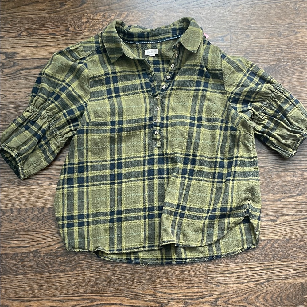 Pilcro Plaid Top in Olive and Navy - Like New